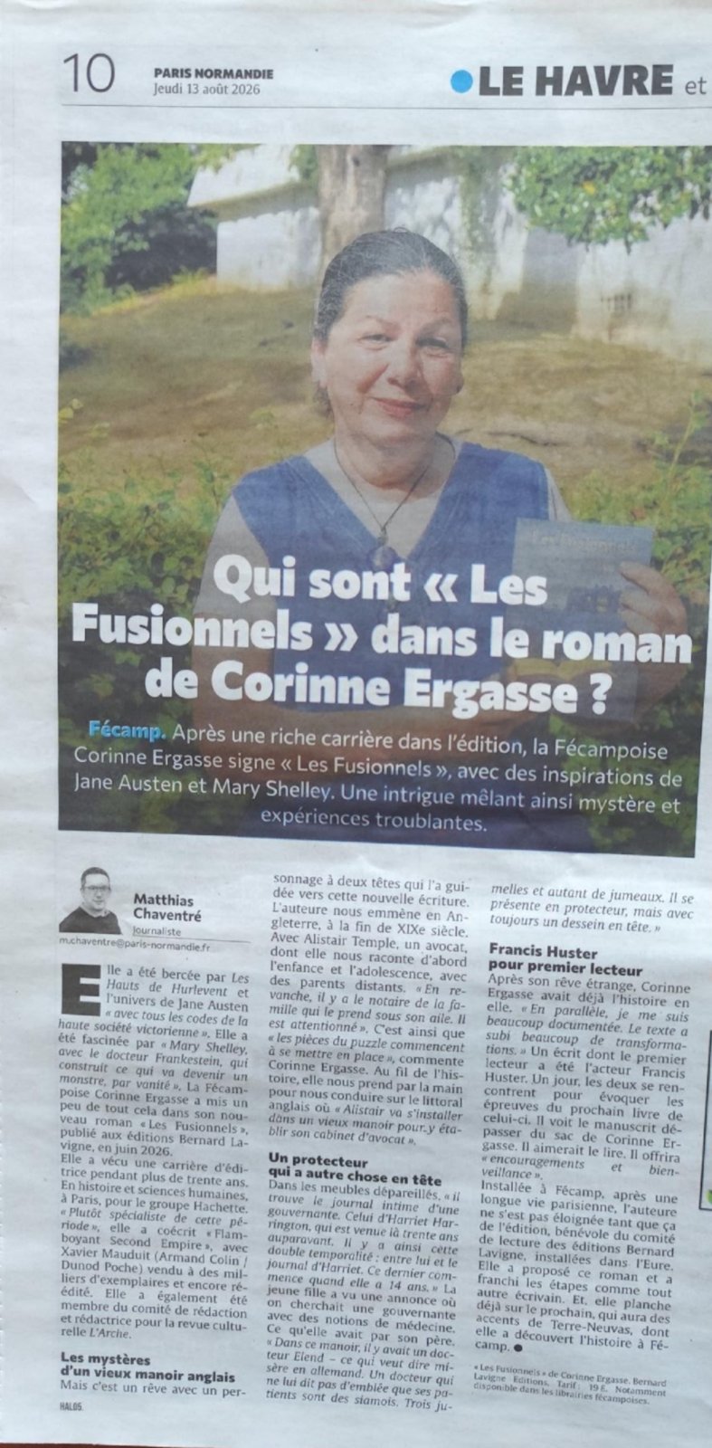 Article de Paris Normandie du 13 août 2026 consacré à Corinne Ergasse